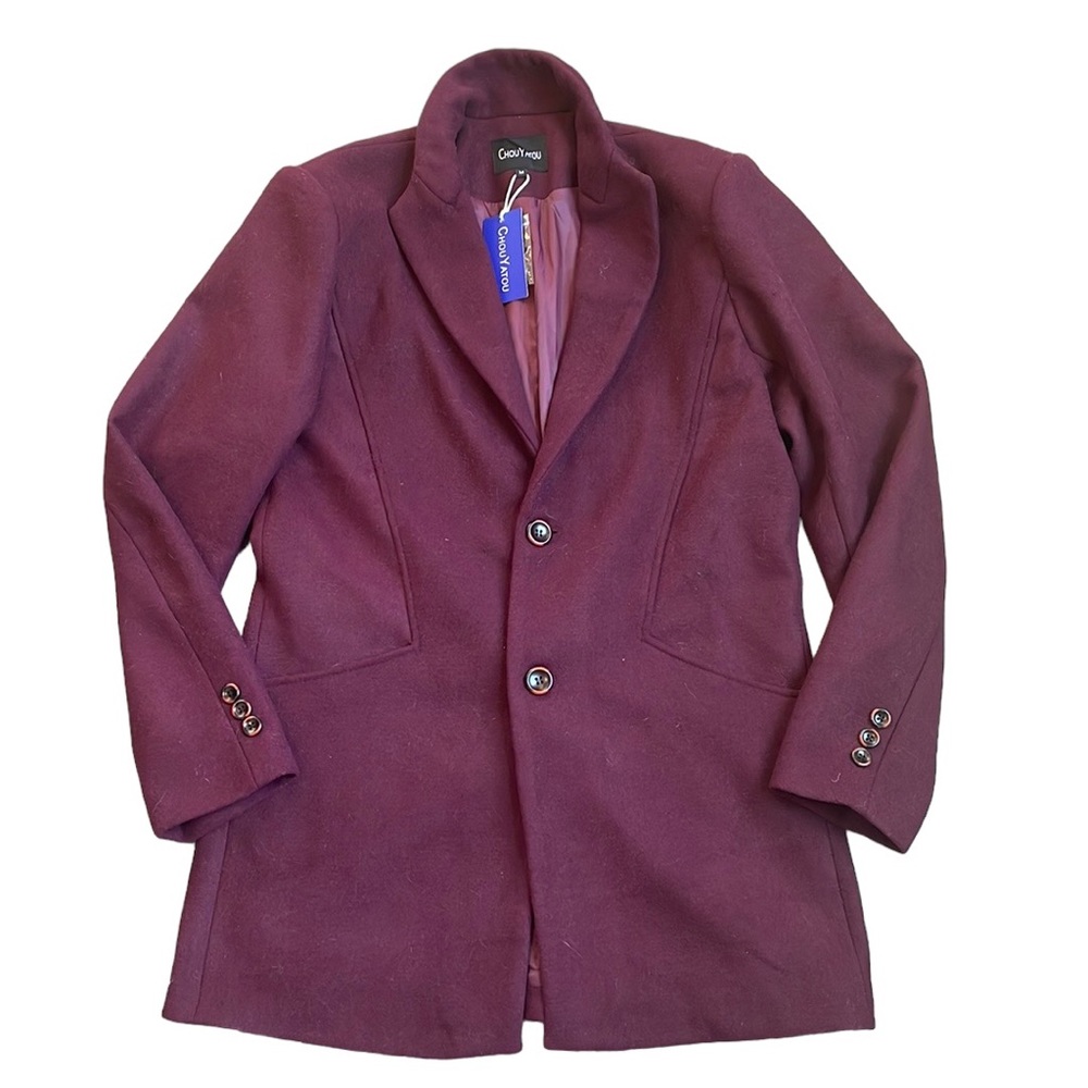 NWT ChouYatou Women’s Wool Blend Long Single Breasted Burgundy Pea Coat—Size M